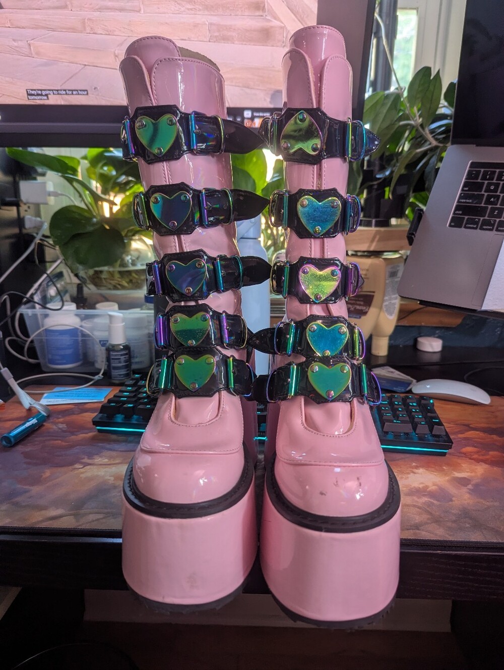 CLEANED 🫧 Demonia Rareish FashioNation Collab Pink Heart-Buckle Platform Boots